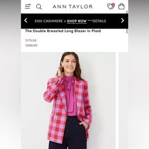 Ann Taylor The Double Breasted Long Blazer in Plaid NWOT